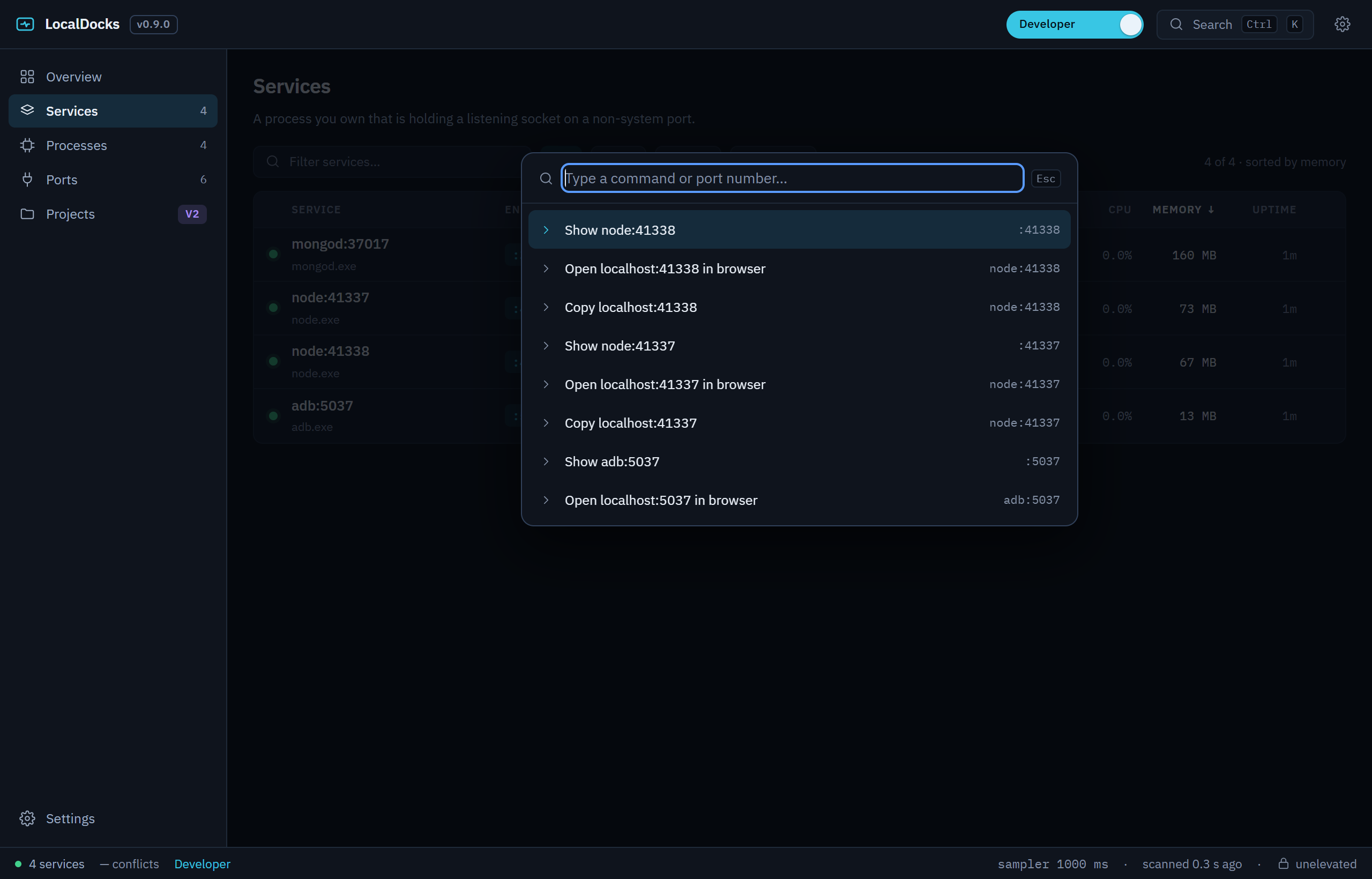 The LocalDocks command palette opened with Ctrl+K, listing show, open and copy actions for each running service.