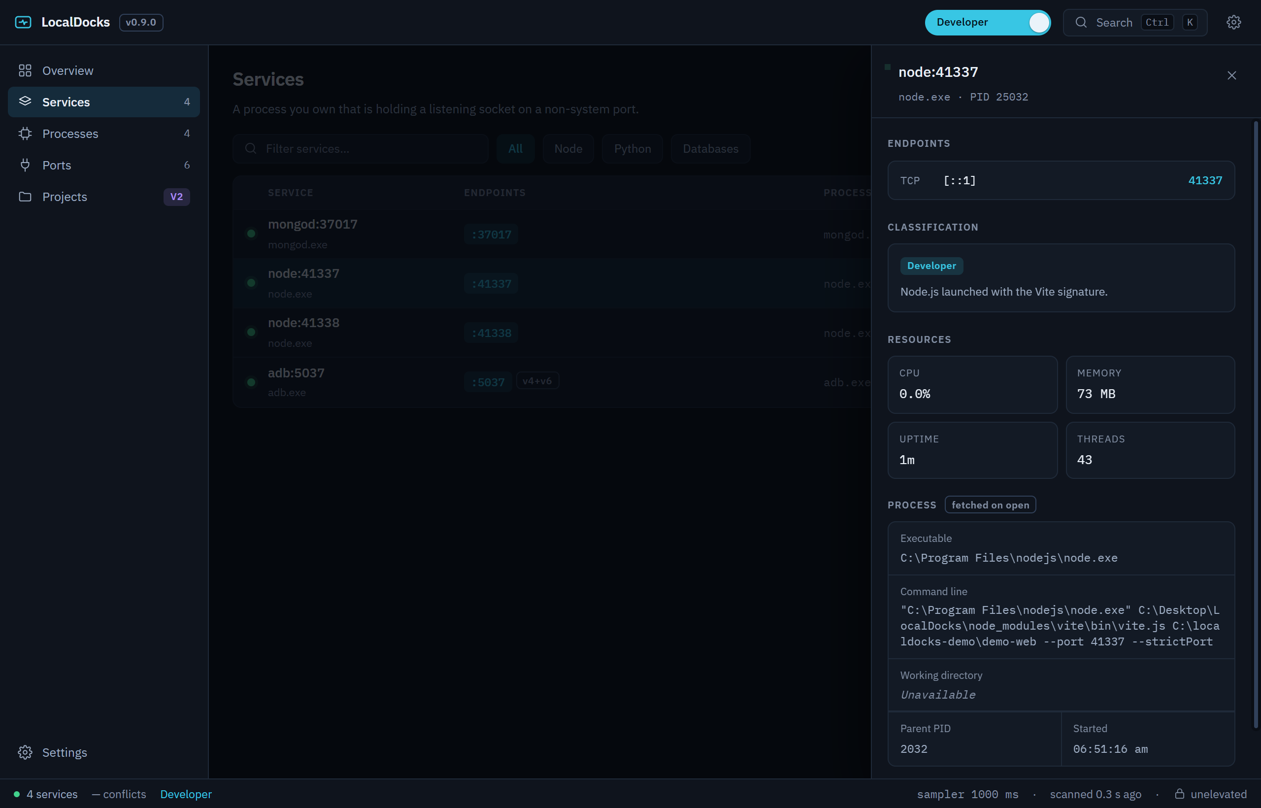 The LocalDocks detail panel open over the Services table, showing endpoints, classification and its reason, CPU, memory, uptime, threads, executable path, command line, working directory, parent PID and start time.