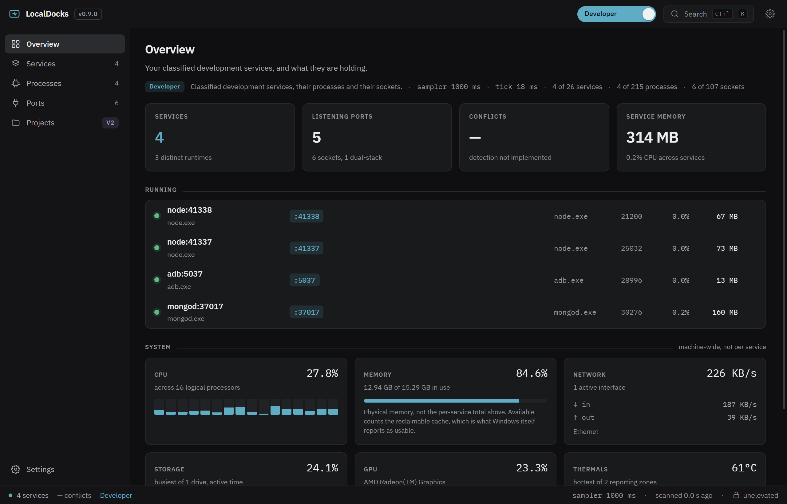 The LocalDocks Overview in the neutral Dark theme.
