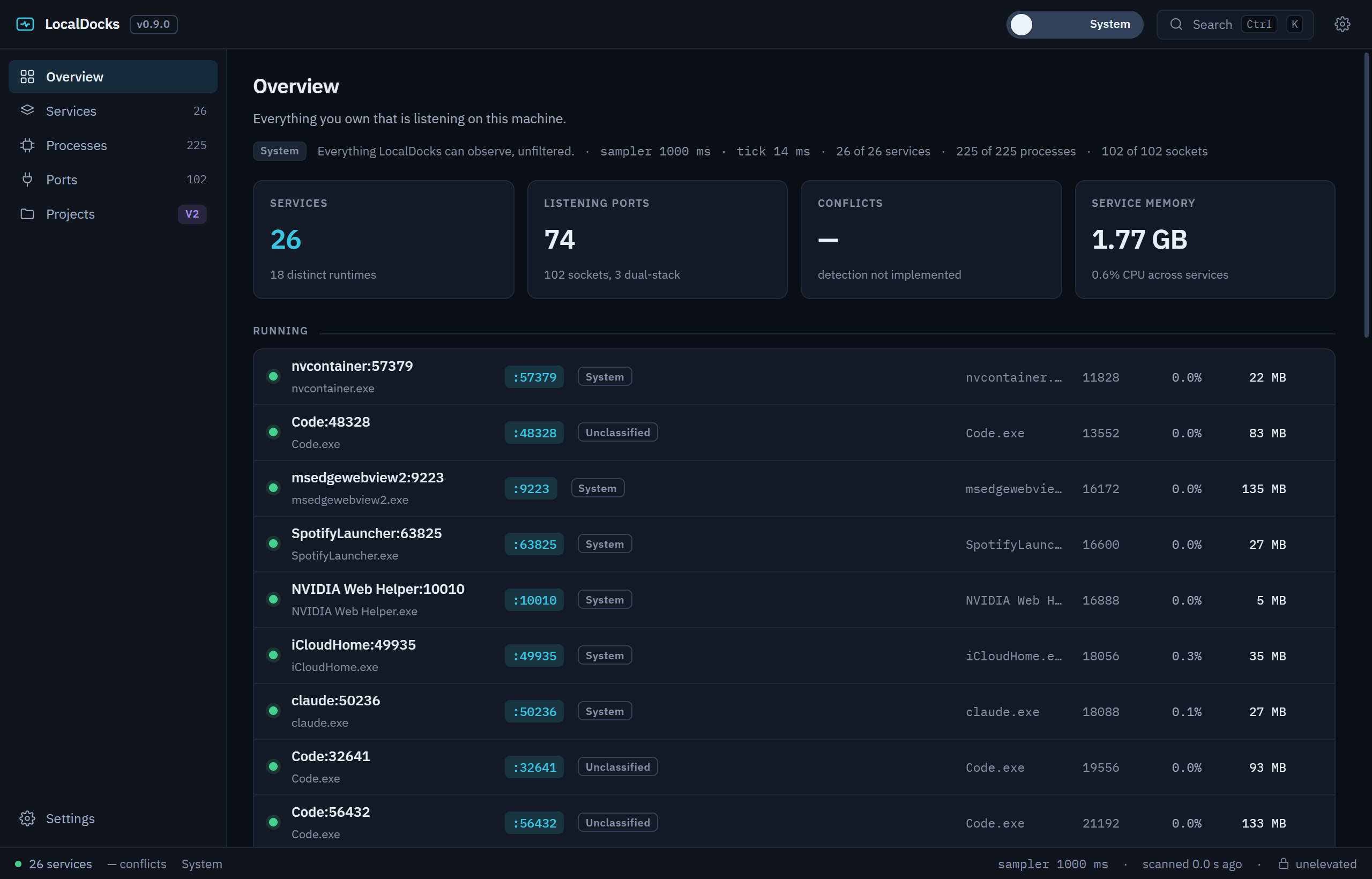 LocalDocks Overview in System mode: twenty-six services including browser, media player, sync client and vendor helper processes, each tagged System or Unclassified.