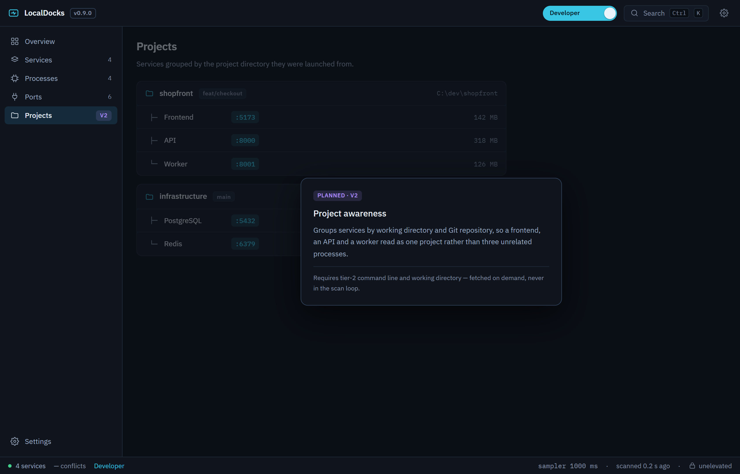 The LocalDocks Projects screen, present in the navigation with a V2 badge and showing a card explaining that the module is committed but not yet built.