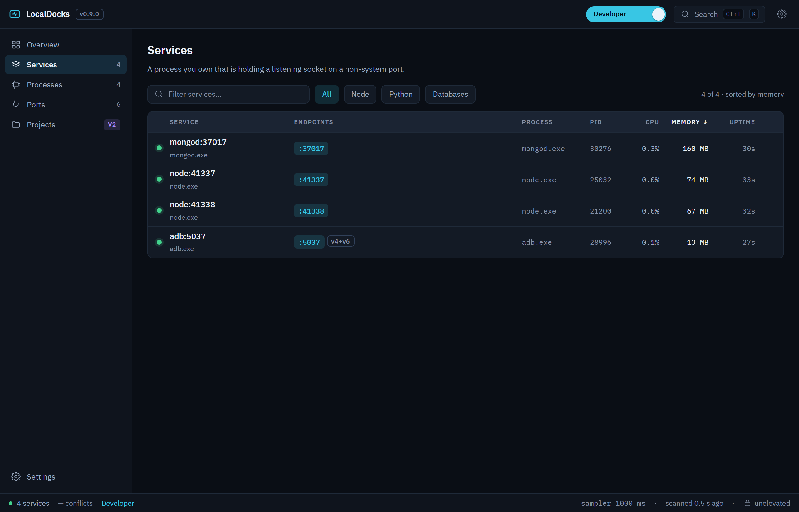 The LocalDocks Services table with columns for service, endpoints, process, PID, CPU, memory and uptime, and filter chips for All, Node, Python and Databases.