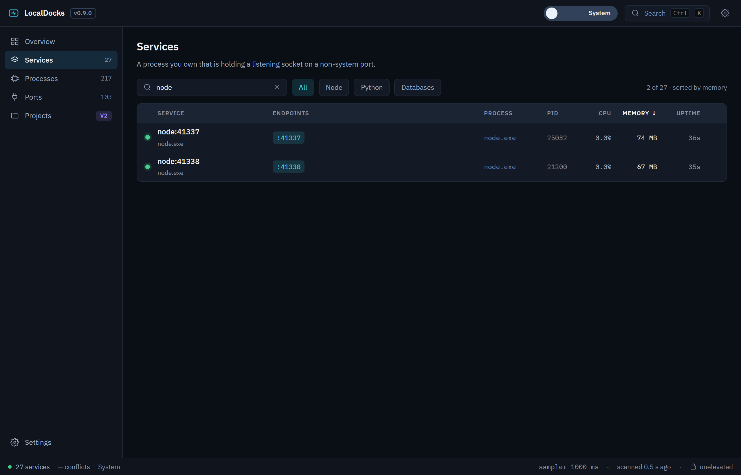 The LocalDocks Services table filtered by the text 'node', showing the matching services and a row count reading 2 of 4.