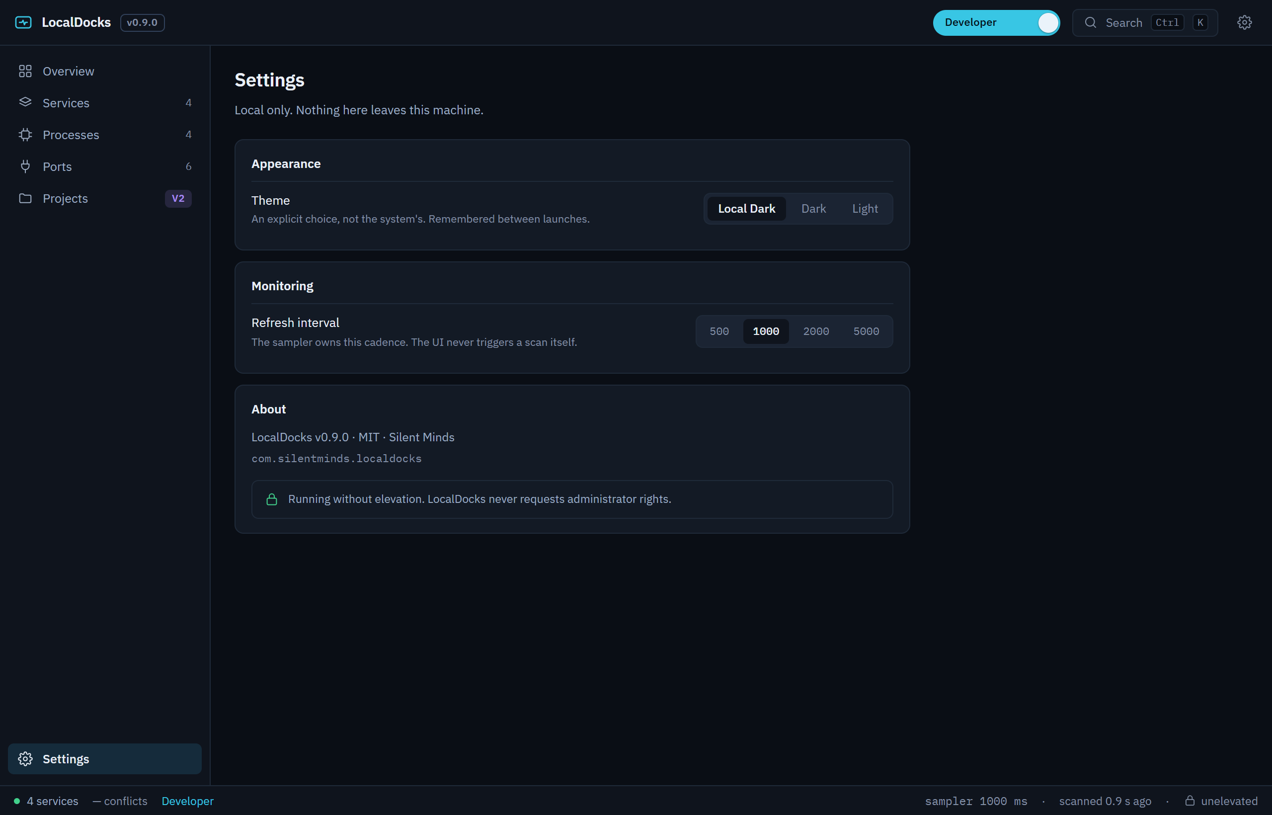 The LocalDocks Settings screen showing Appearance with three theme options, Monitoring with four refresh intervals, and an About card.