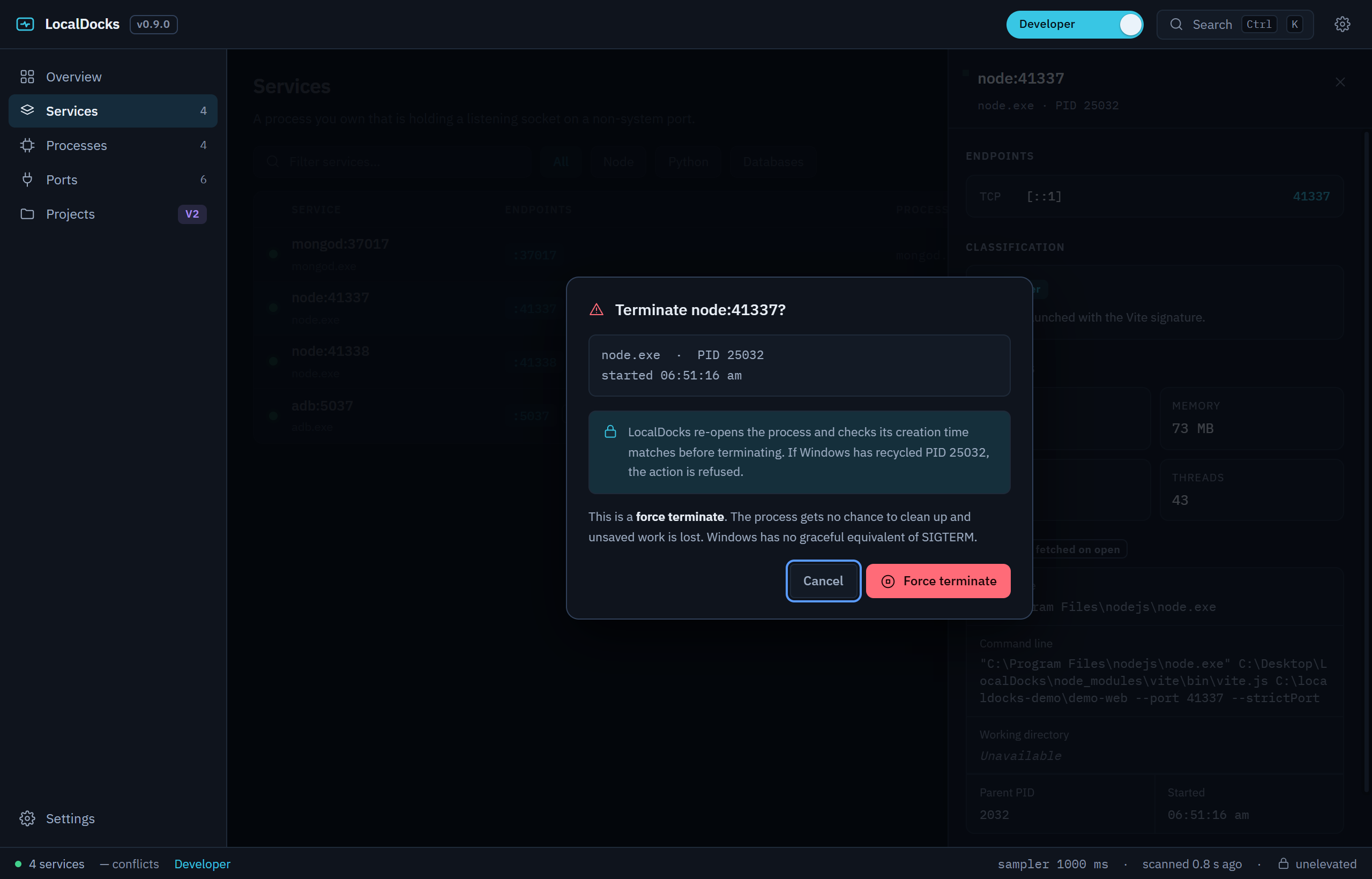 The LocalDocks terminate confirmation dialog naming the process, PID and start time, and explaining that creation time is re-verified before terminating.