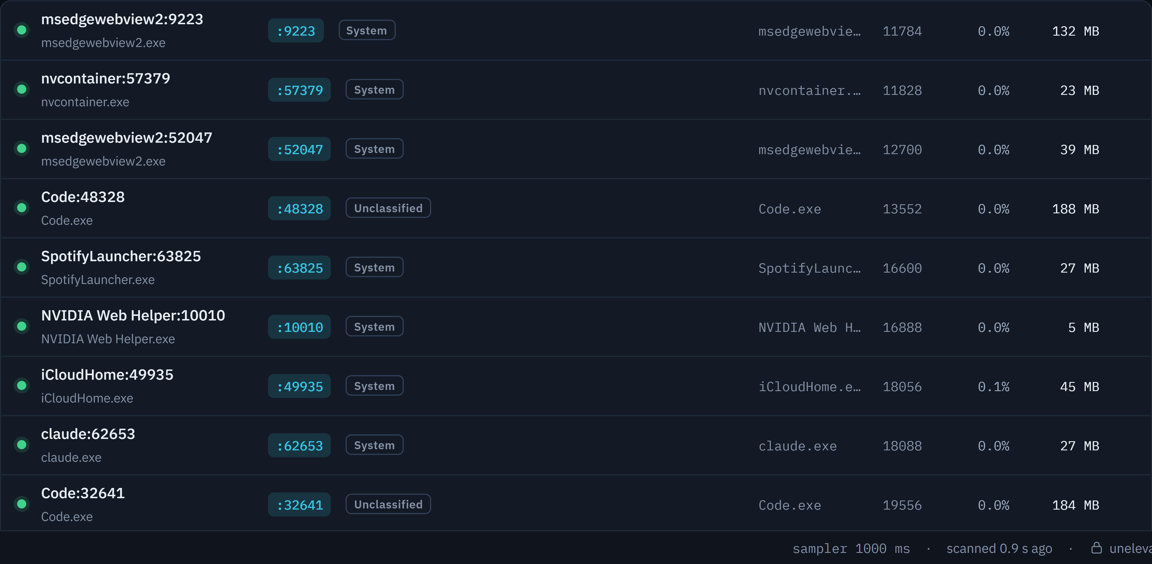 LocalDocks service rows in System mode, each tagged with a classification chip reading System or Unclassified next to the process name and port.